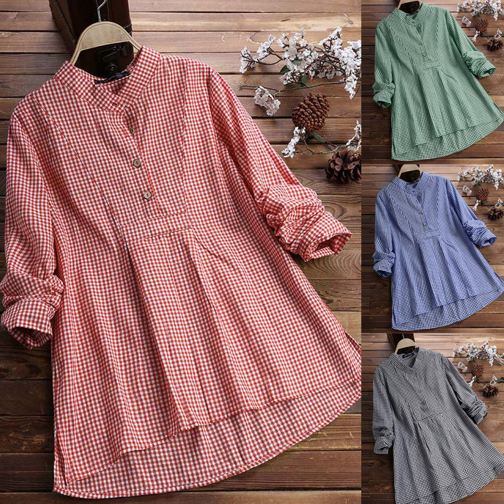 Cotton Linen Button Down Plaid Tunic Shirt