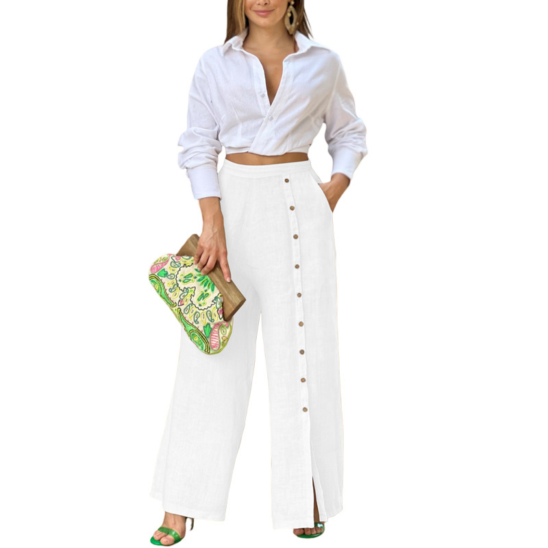 Women's Summer Casual Linen Wide Leg Buttoned Pants