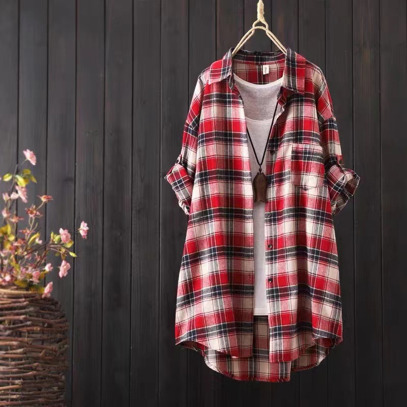 Cotton Linen Loose Fit Button Down Plaid Cardigan Shirt 