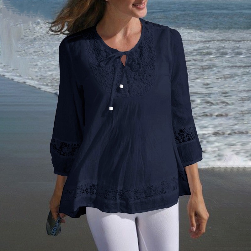 Cotton Linen Spliced Lace Temperament Shirt