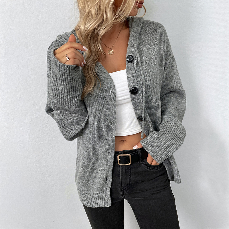 2025 new hooded drawstring knitted single-breasted cardigan jacket