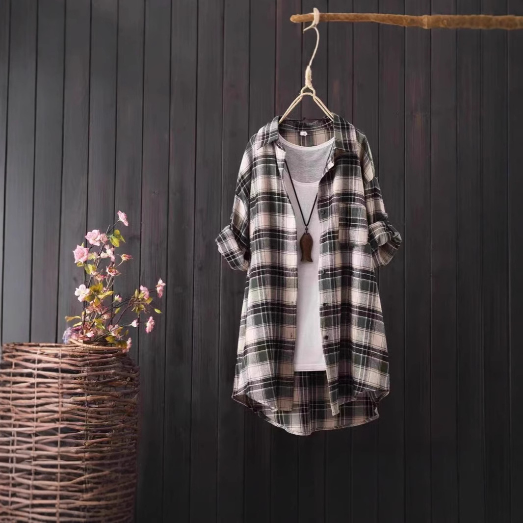 Cotton Linen Loose Fit Button Down Plaid Cardigan Shirt 