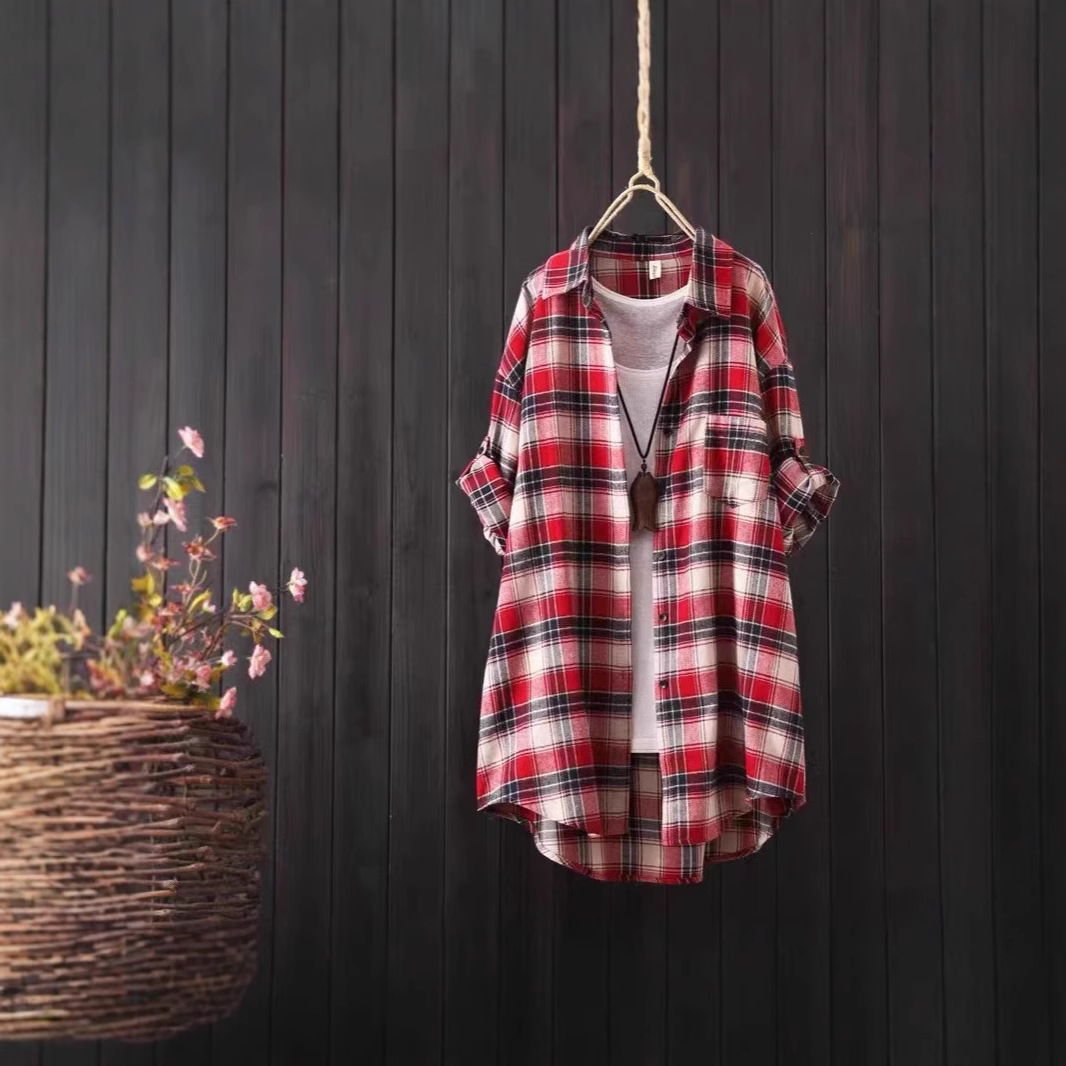 Cotton Linen Loose Fit Button Down Plaid Cardigan Shirt 
