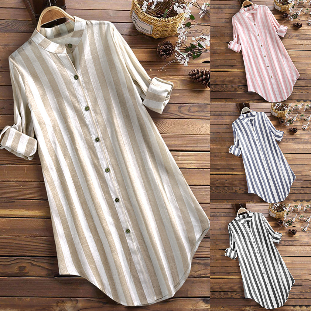 Cotton Linen Striped Long Sleeve Mid-Length Casual Tunic Shirt