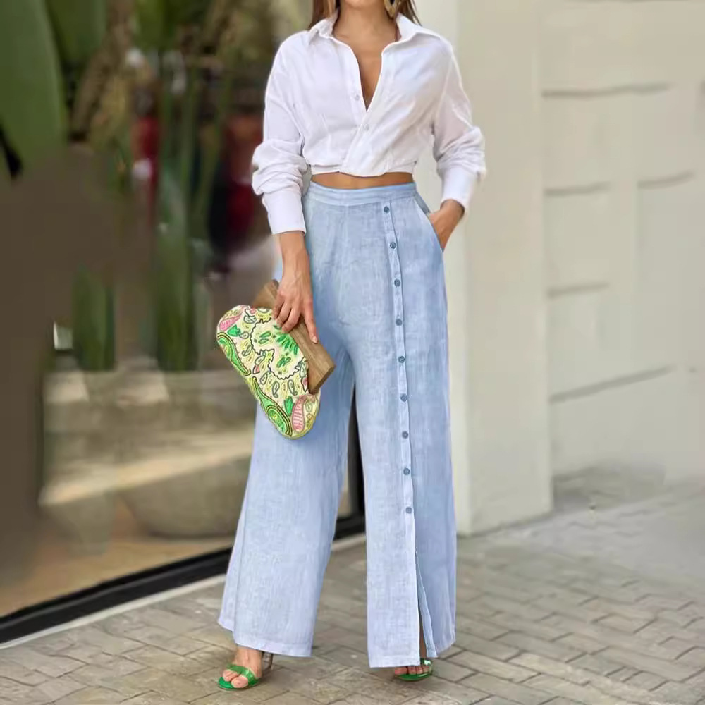 Women's Summer Casual Linen Wide Leg Buttoned Pants