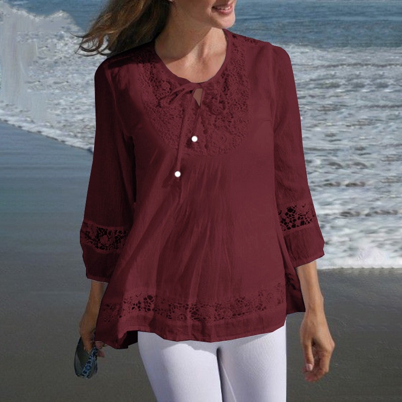 Cotton Linen Spliced Lace Temperament Shirt
