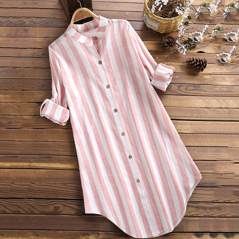 Cotton Linen Striped Long Sleeve Mid-Length Casual Tunic Shirt