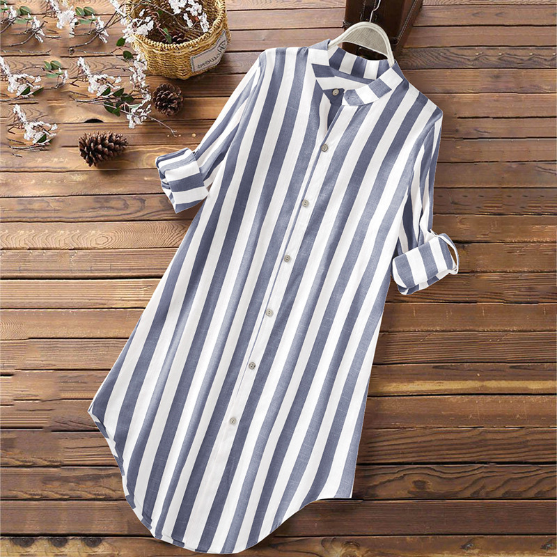Cotton Linen Striped Long Sleeve Mid-Length Casual Tunic Shirt