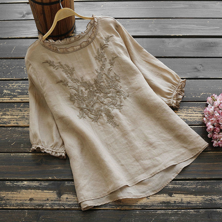 Cotton Linen Loose Fit Embroidered Breathable Shirt