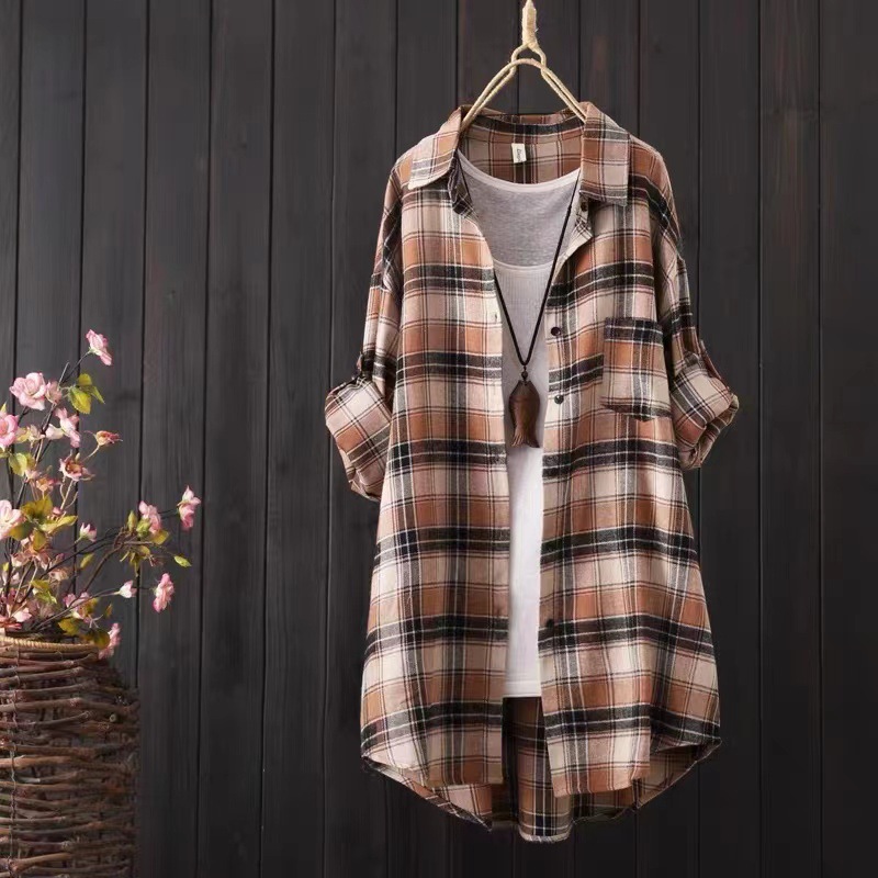Cotton Linen Loose Fit Button Down Plaid Cardigan Shirt 