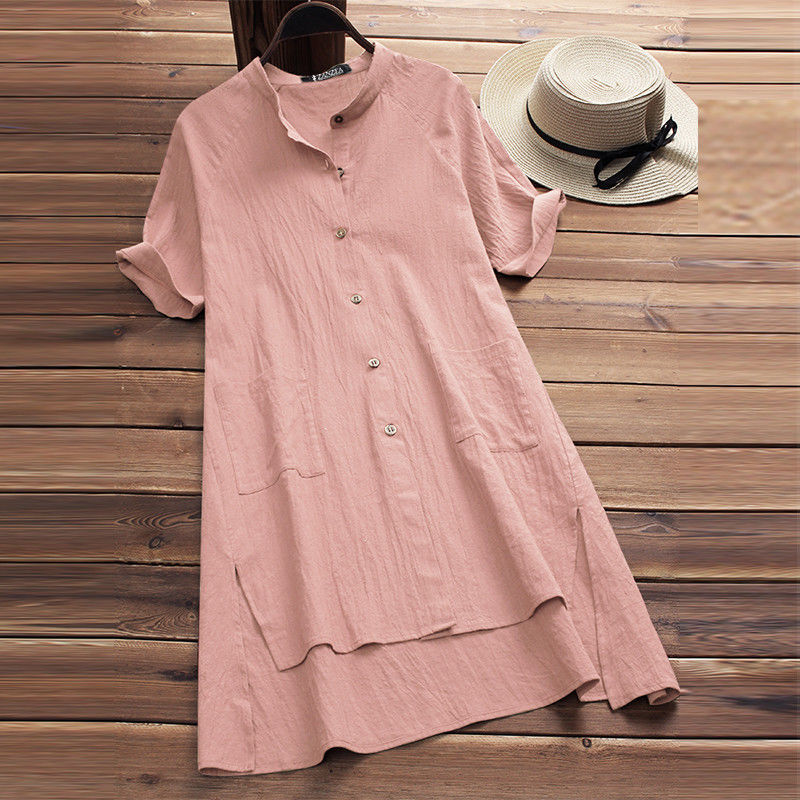 Cotton Linen Button Down Long Pocket Shirt