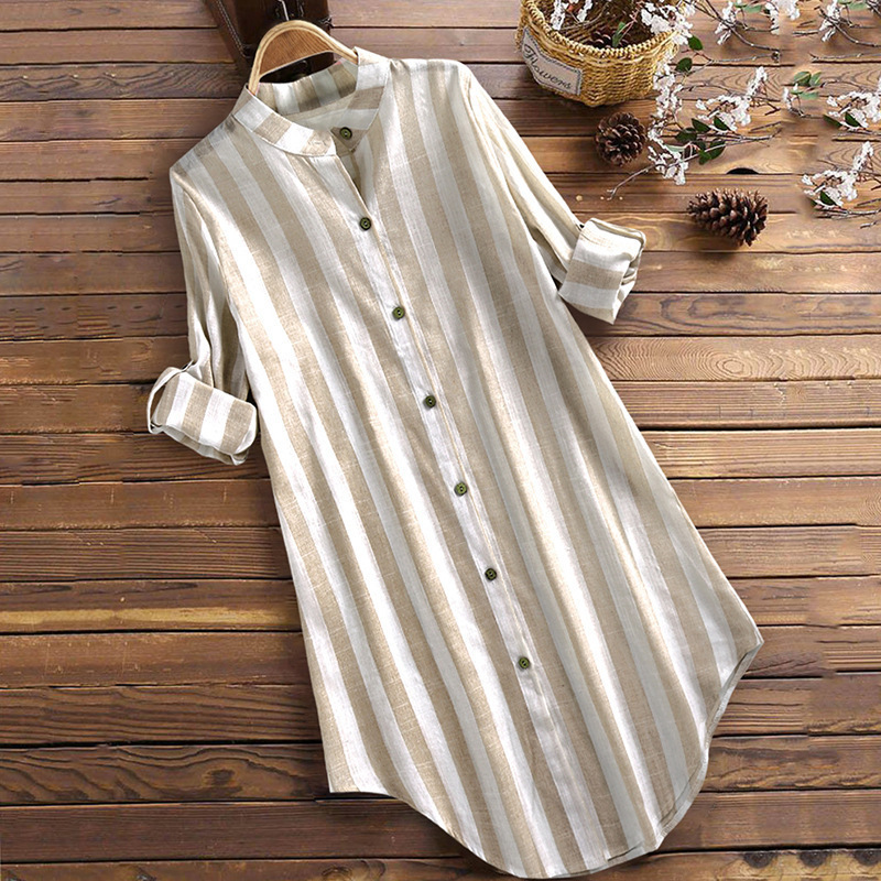 Cotton Linen Striped Long Sleeve Mid-Length Casual Tunic Shirt