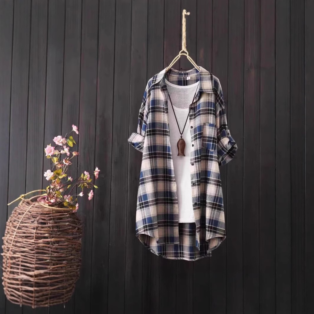 Cotton Linen Loose Fit Button Down Plaid Cardigan Shirt 