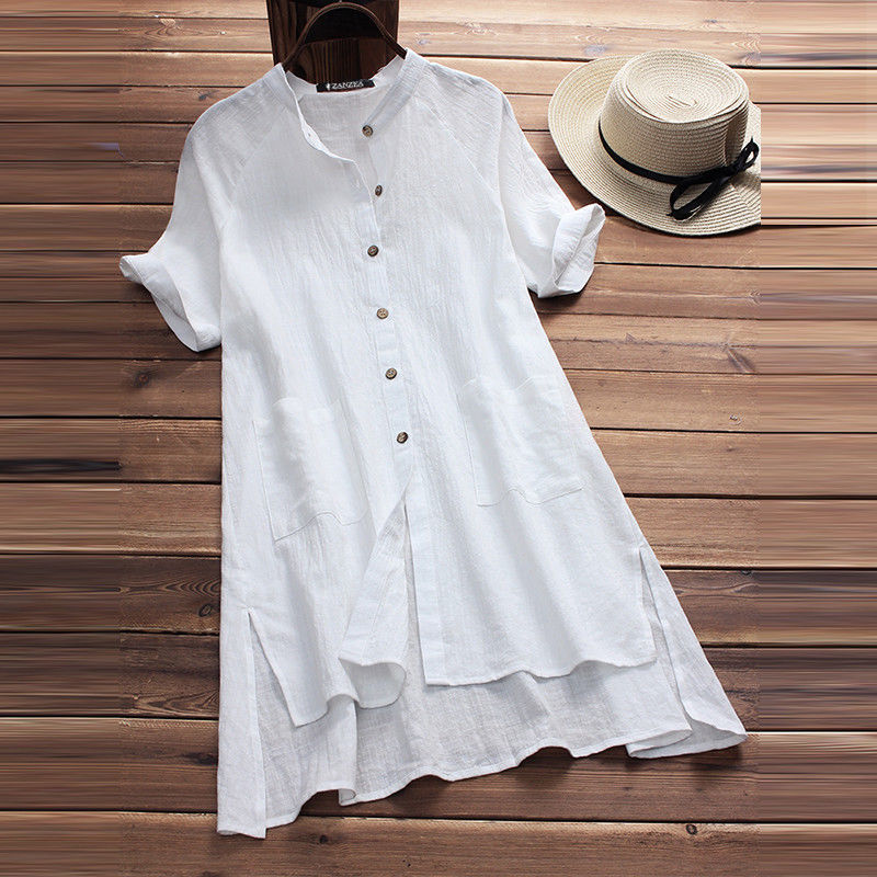 Cotton Linen Button Down Long Pocket Shirt