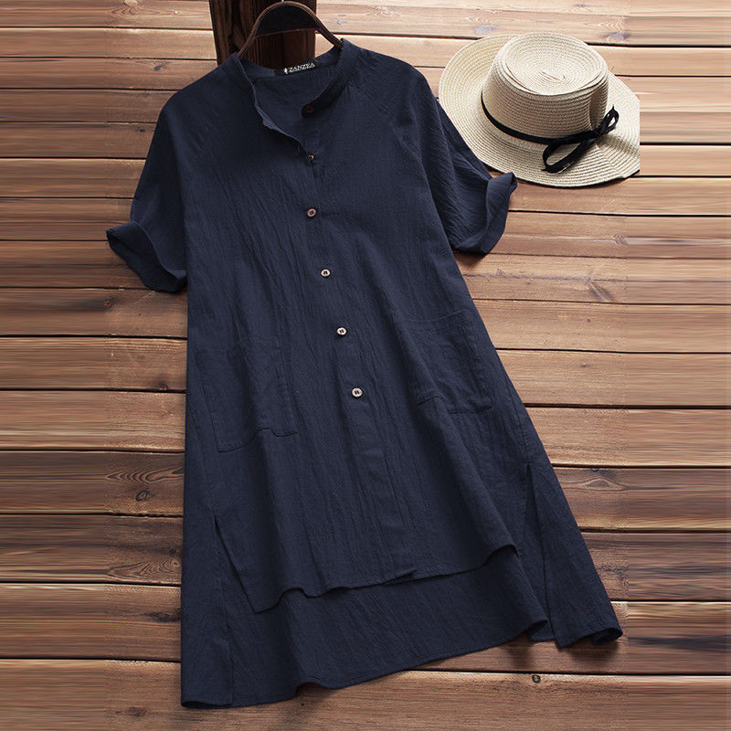Cotton Linen Button Down Long Pocket Shirt