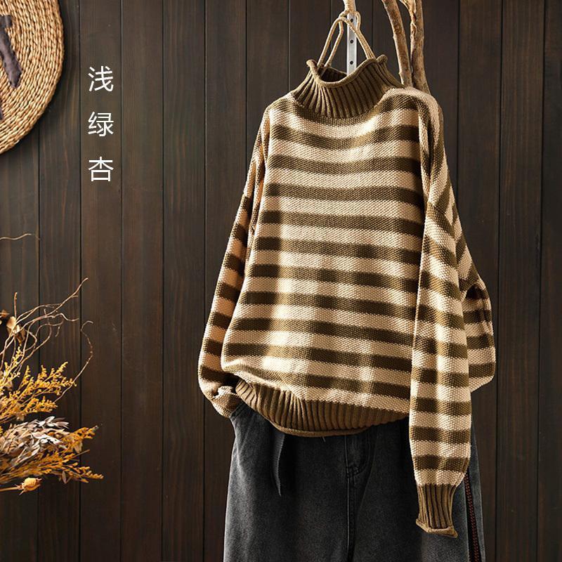 Cross-border 2023 autumn and winter new style retro style striped contrast half turtleneck sweater for women loose casual bottoming sweater