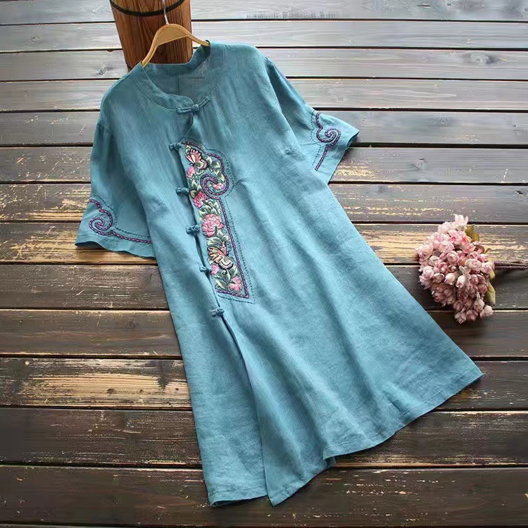 Cotton Linen Ethnic Style Embroidery Loose Fit Tunic Shirt
