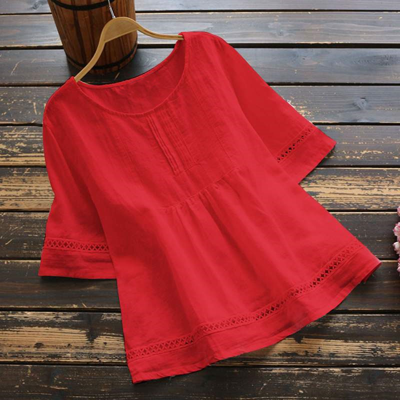 Cotton Linen Solid Color Half Sleeve Vintage Style Shirt