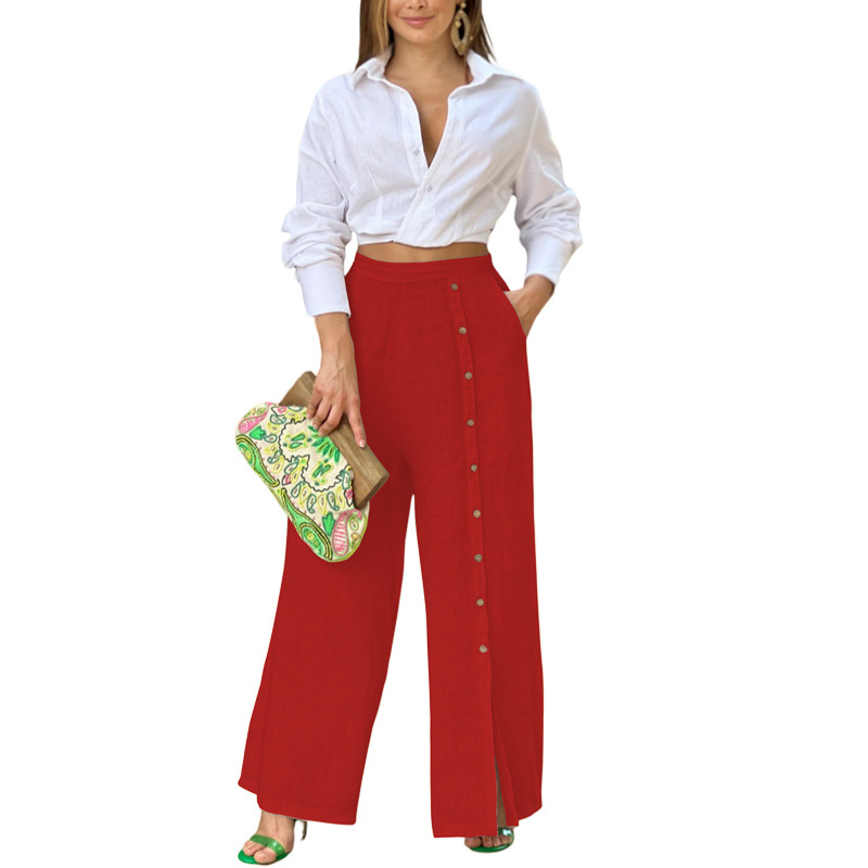 Women's Summer Casual Linen Wide Leg Buttoned Pants