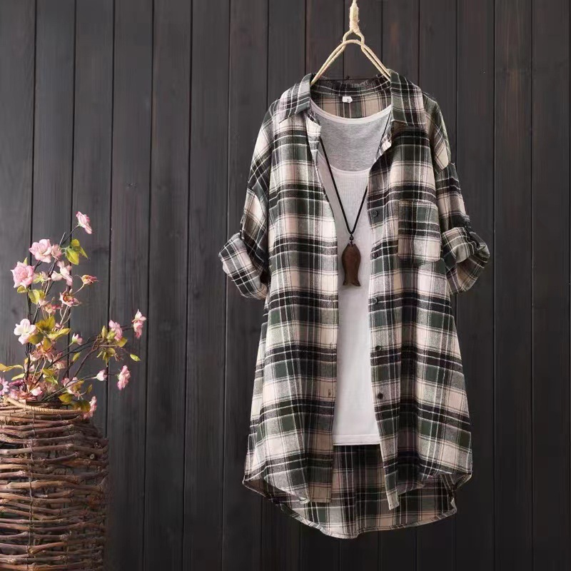 Cotton Linen Loose Fit Button Down Plaid Cardigan Shirt 