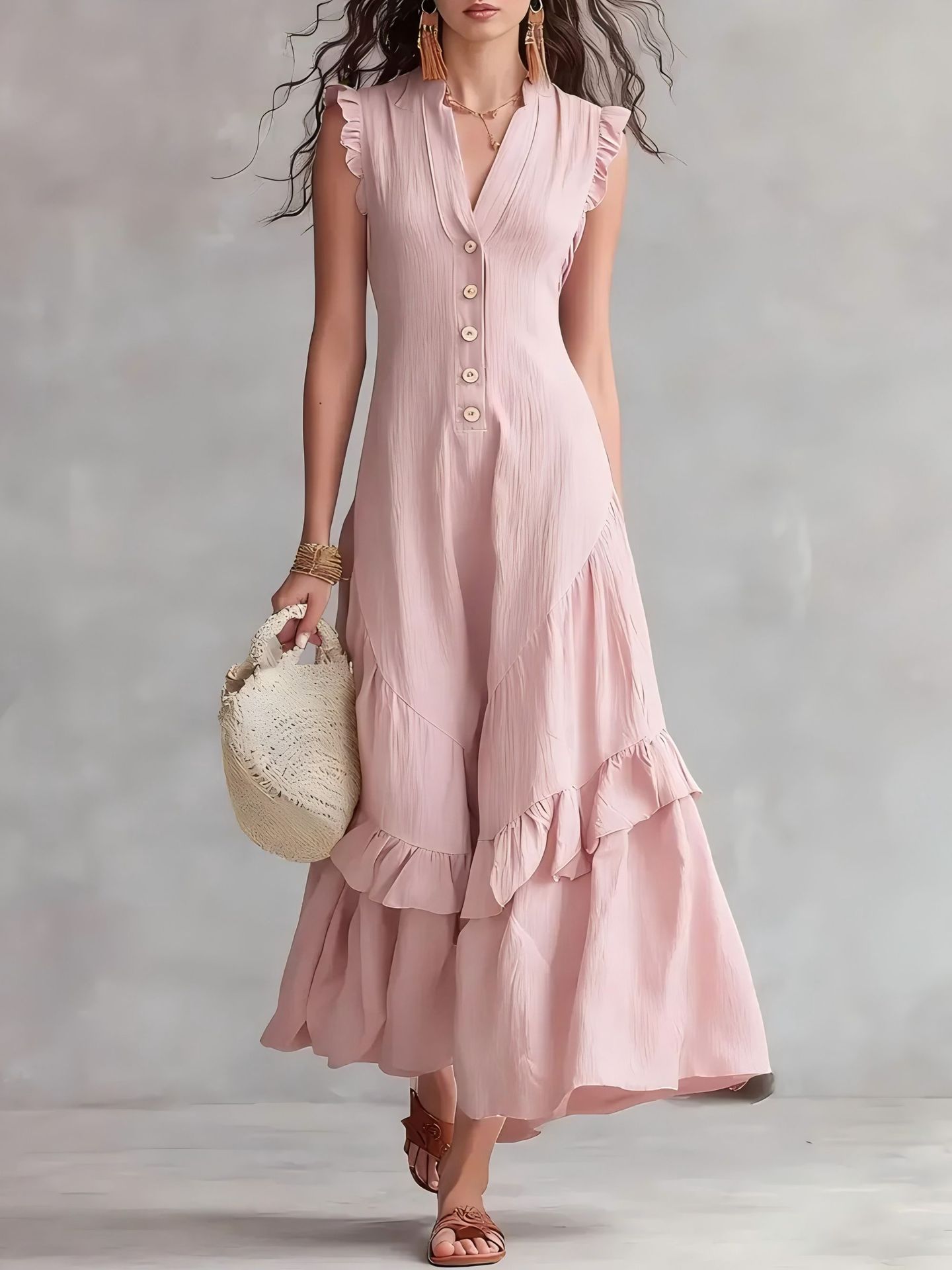 🔥Spring Sale 50% OFF🔥 Ruffle Hem Linen-Blend Maxi Dress