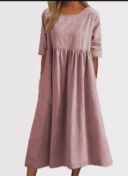 2024 spring and summer new round neck 5-quarter sleeve large size loose long cotton and linen dress