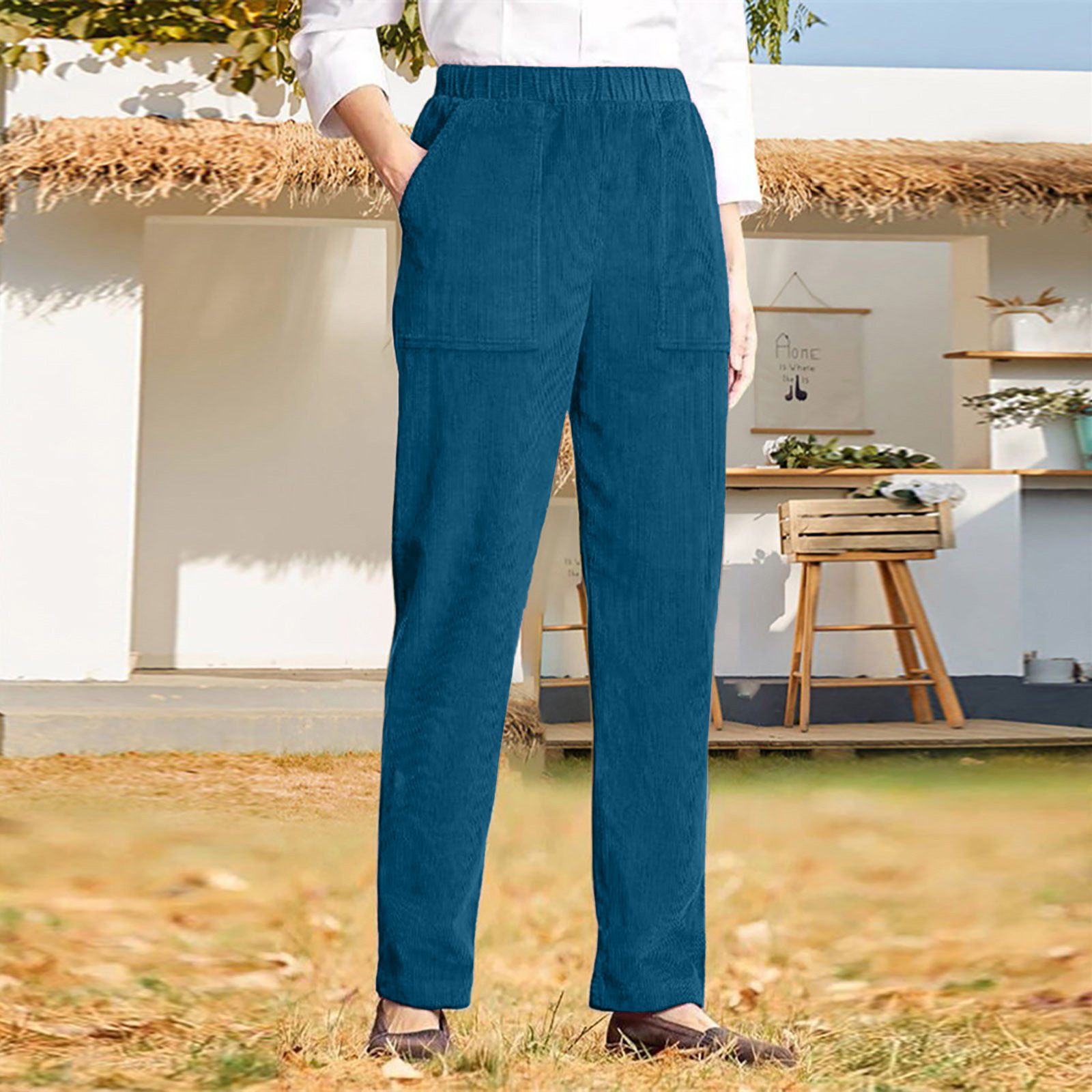 Women's Solid Color Elastic Waist Casual Corduroy Straight Leg Pants-Buy 3 Get Free Shipping
