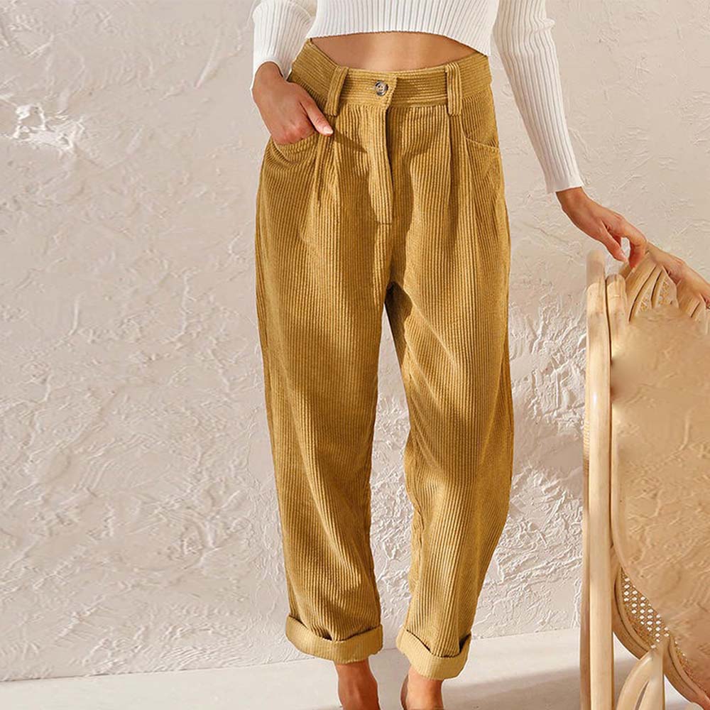 Grattlamm™ Ny stil kvinnors hög midja enfärgad manchester byxor med raka ben