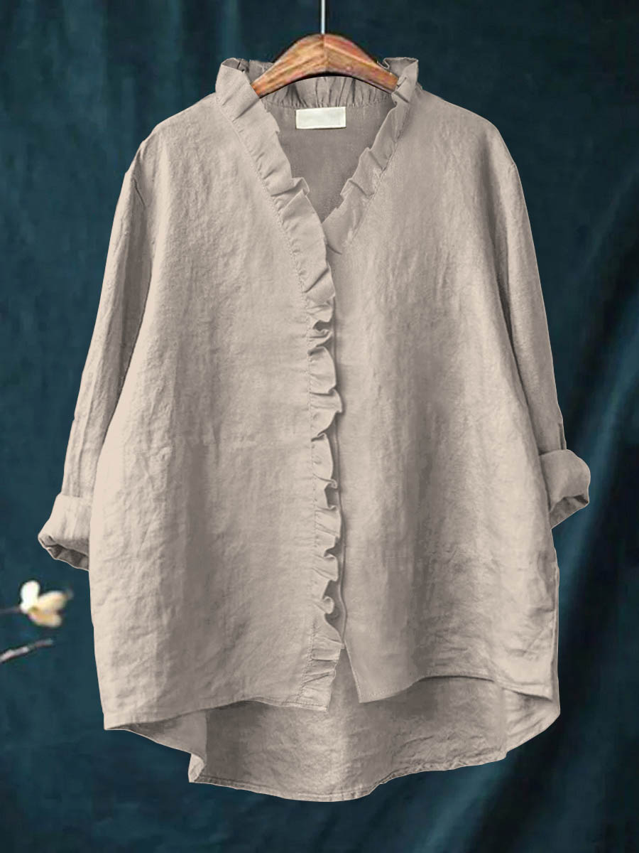 Casual Cotton Linen Plus Size Ruffle Shirt