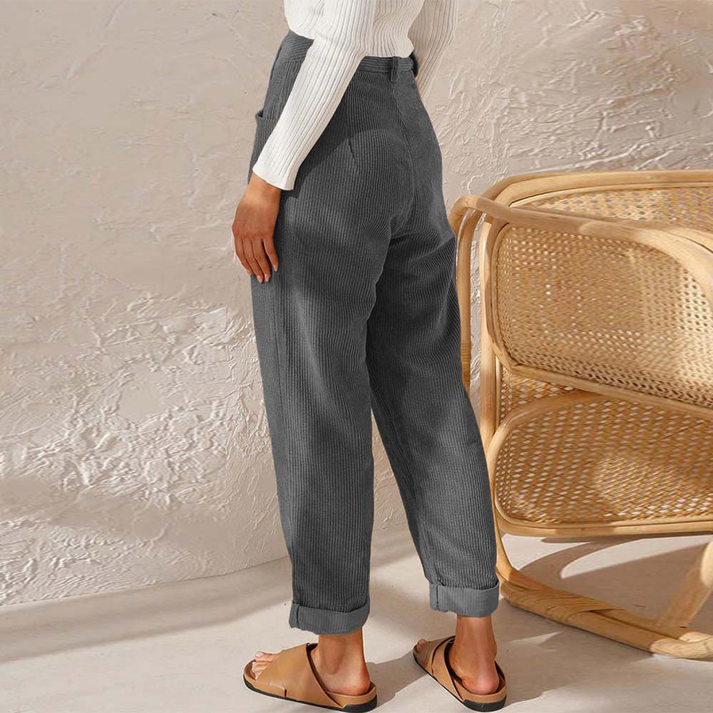 Grattlamm™ Ny stil kvinnors hög midja enfärgad manchester byxor med raka ben