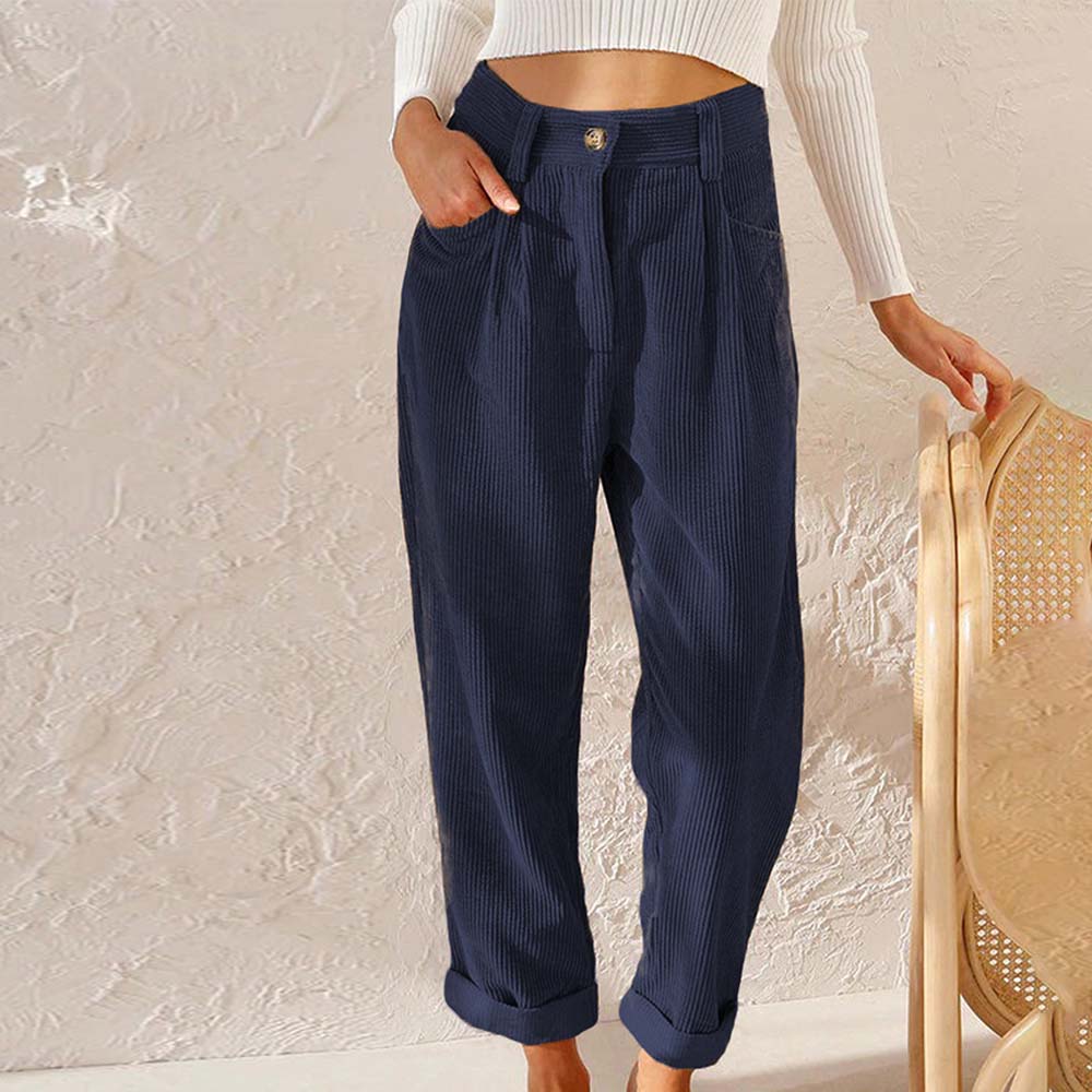 Grattlamm™ Ny stil kvinnors hög midja enfärgad manchester byxor med raka ben