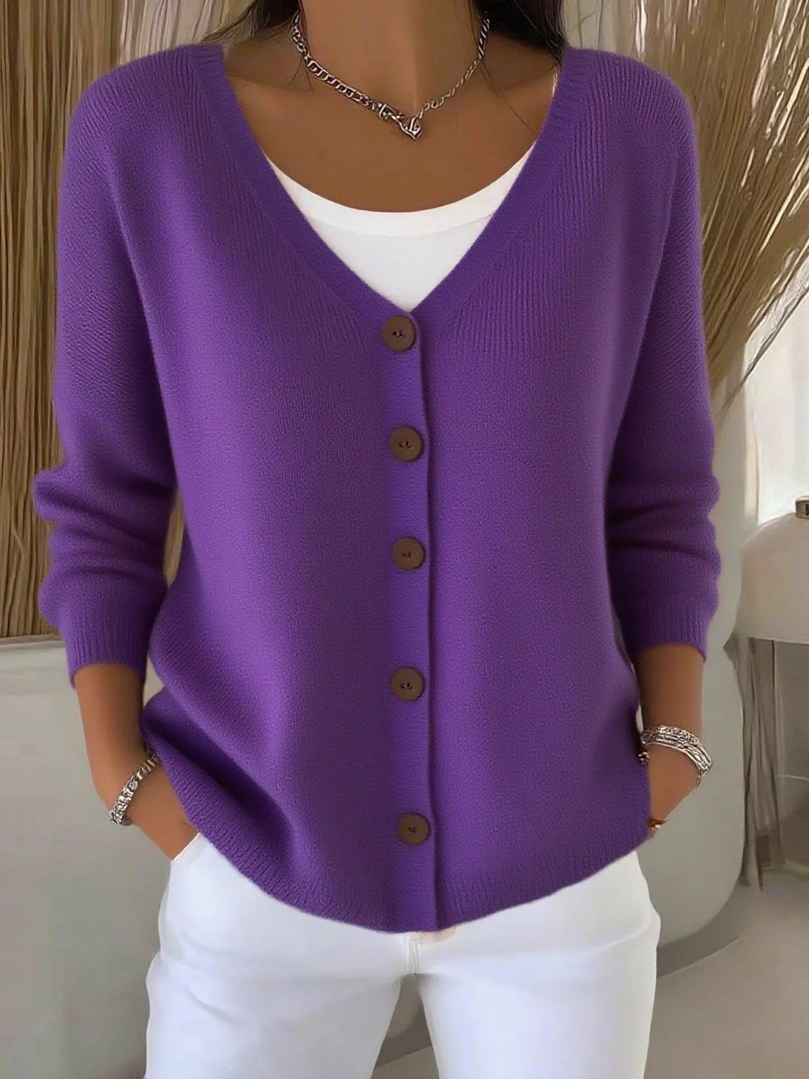 Women's Solid Color Loose Knitted Button Cardigan Sweater