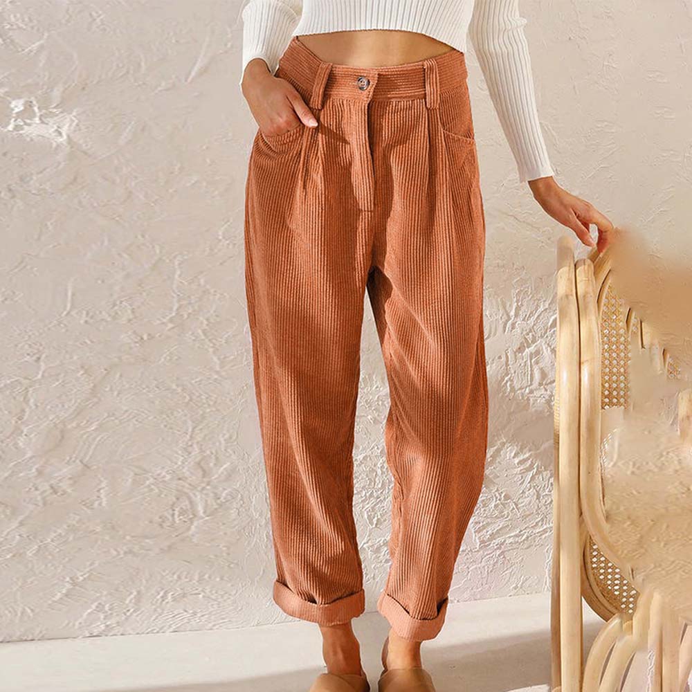 Grattlamm™ Ny stil kvinnors hög midja enfärgad manchester byxor med raka ben
