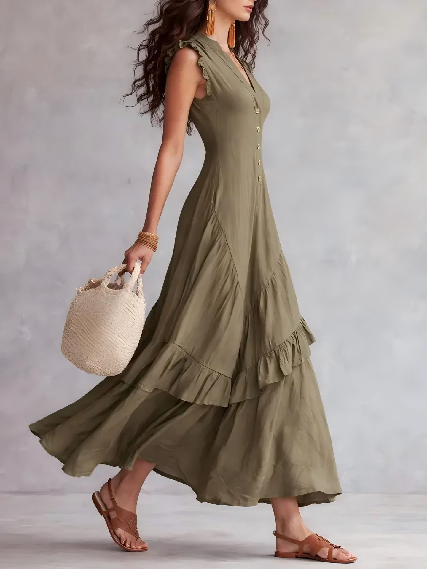 🔥Spring Sale 50% OFF🔥 Ruffle Hem Linen-Blend Maxi Dress