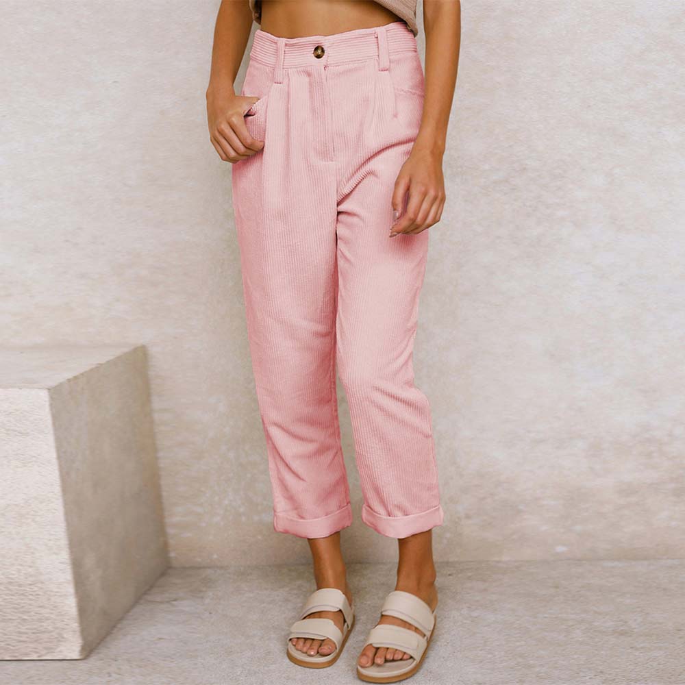 Grattlamm™ Ny stil kvinnors hög midja enfärgad manchester byxor med raka ben