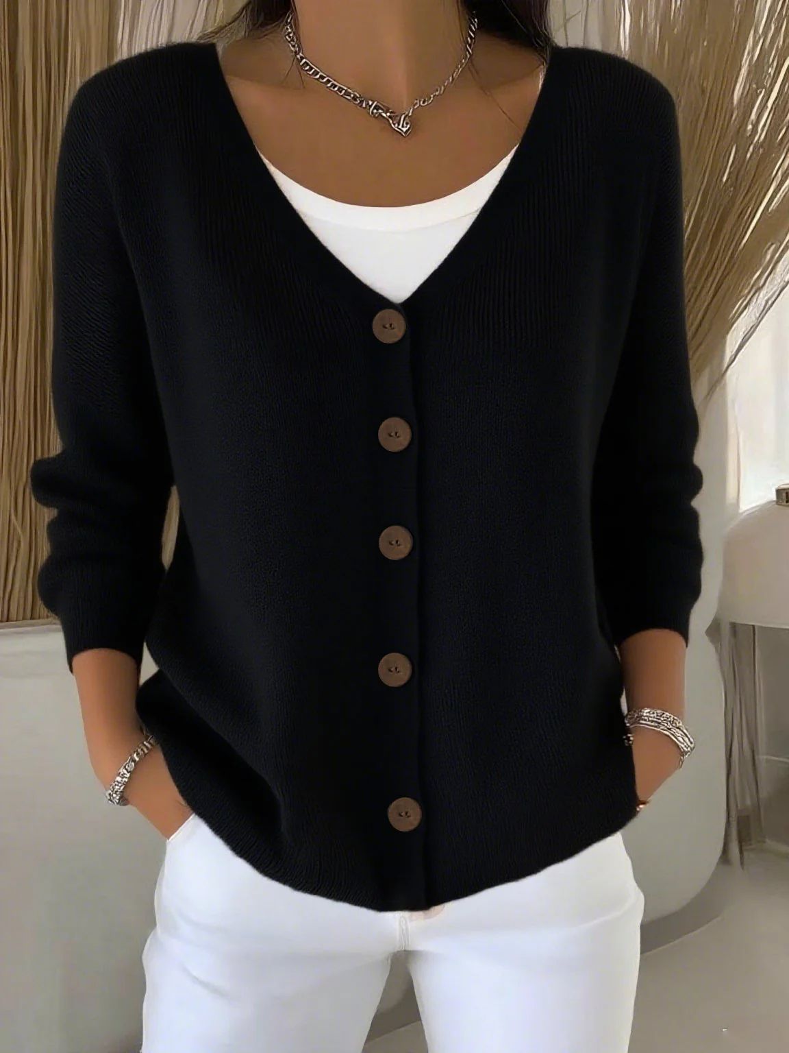Women's Solid Color Loose Knitted Button Cardigan Sweater
