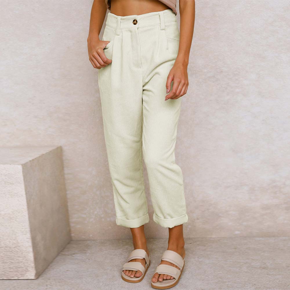 Grattlamm™ Ny stil kvinnors hög midja enfärgad manchester byxor med raka ben