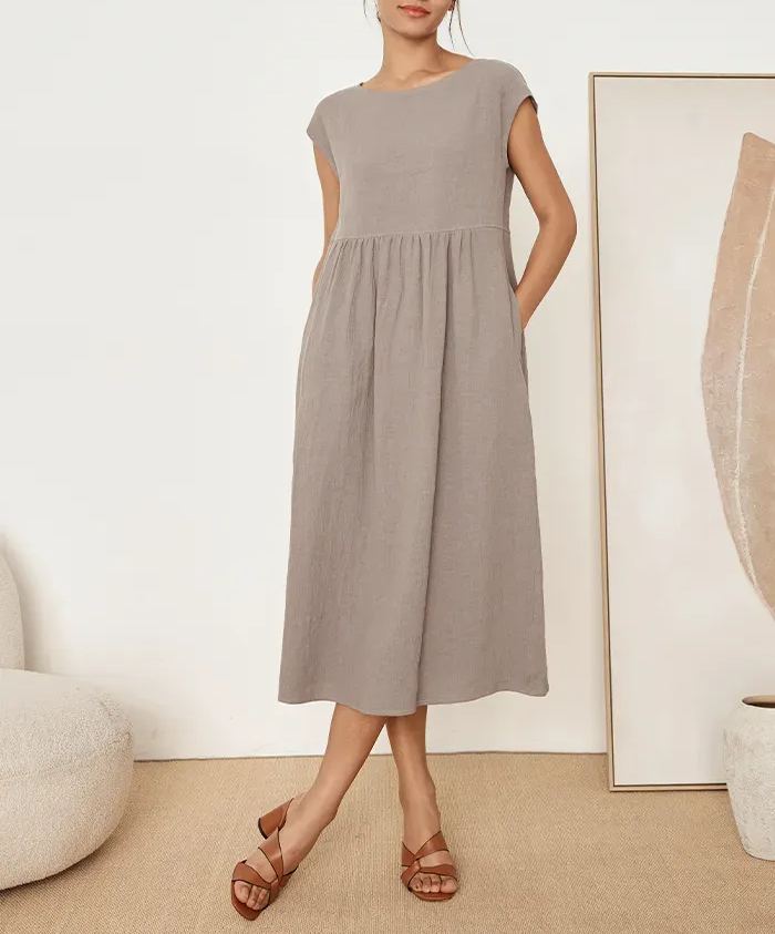 JOAN 100% LINEN CAP SLEEVE WASHED MAXI DRESS