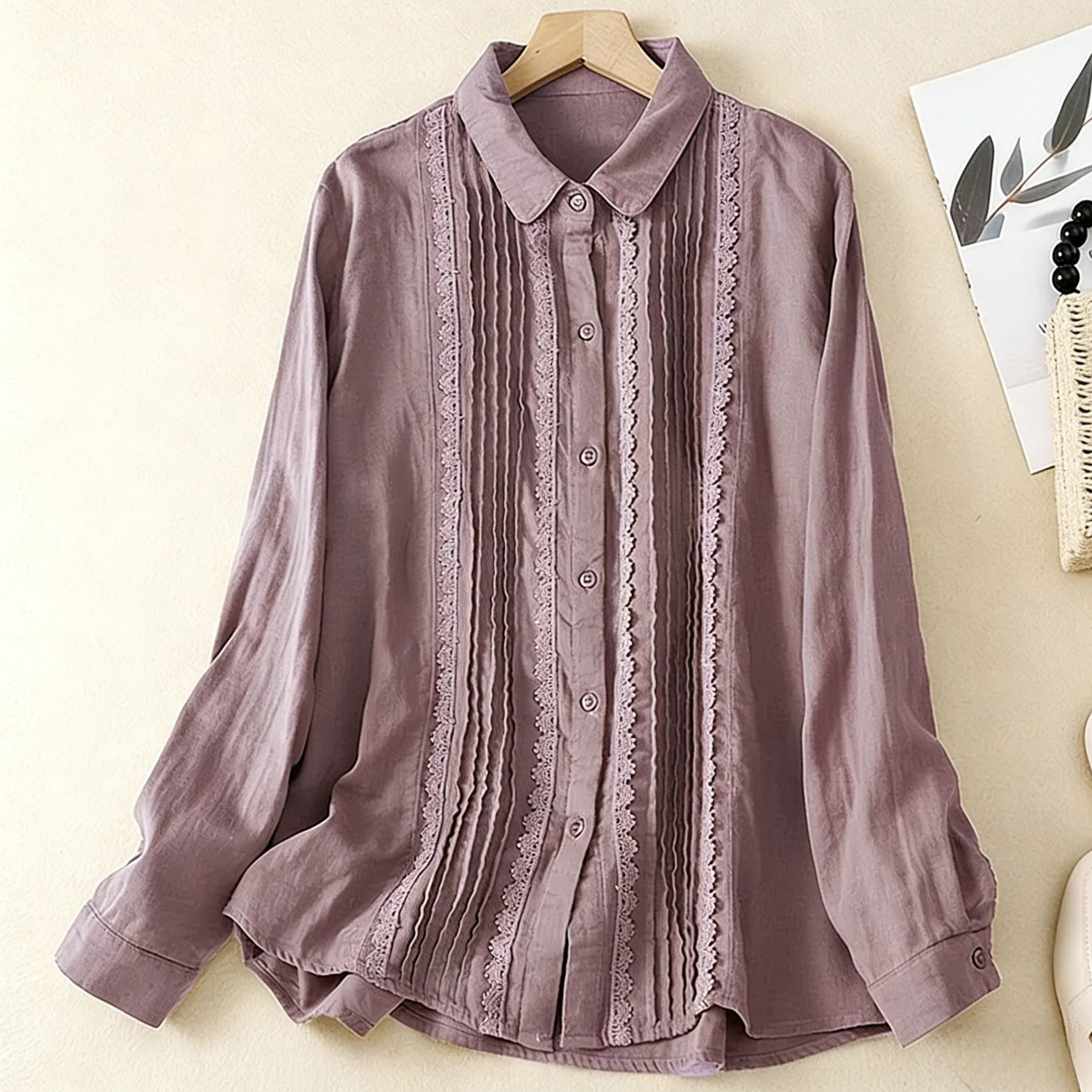 🔥Spring Sale 50% OFF🔥 Cotton Linen Pin-Tuck Lace Trim Shirt