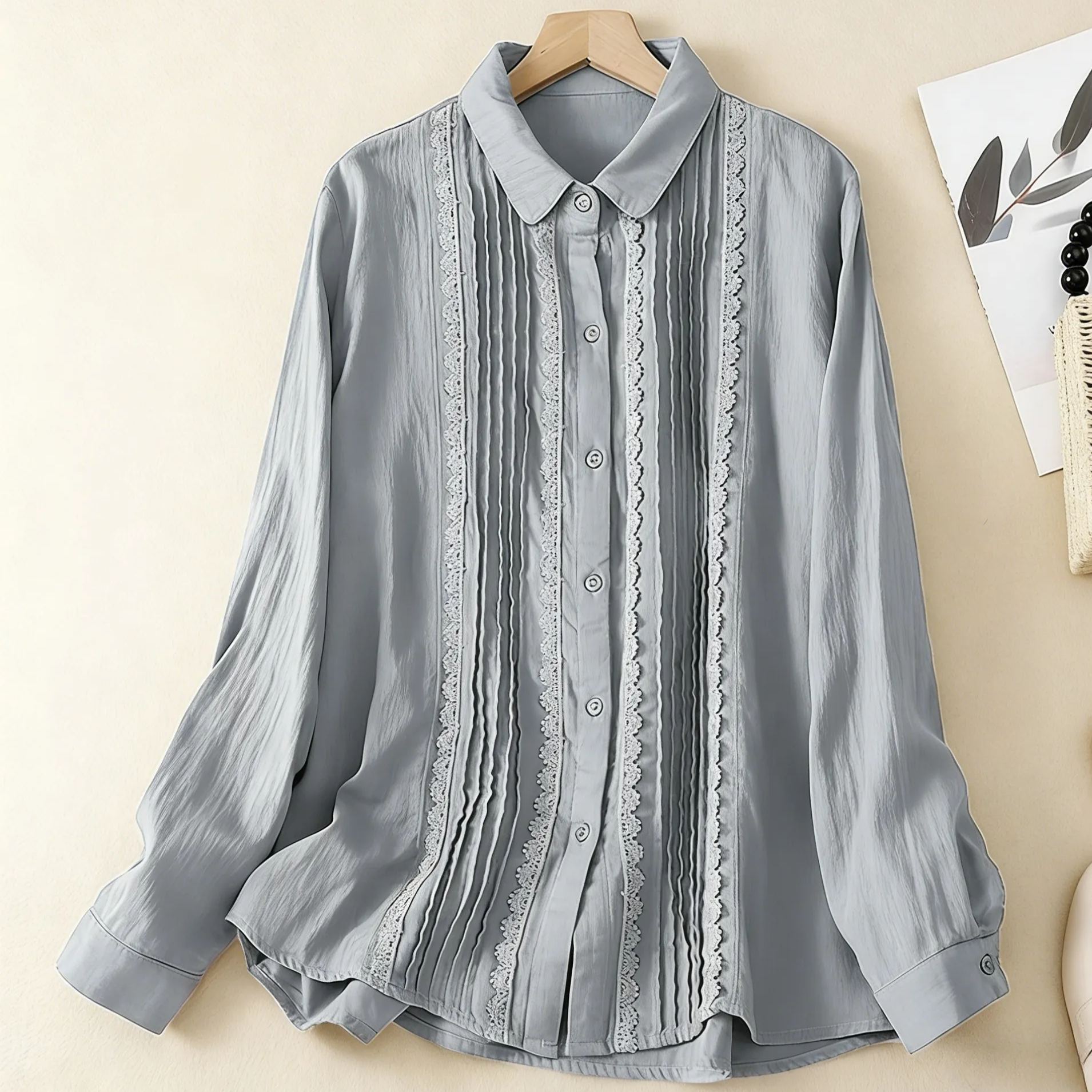 🔥Spring Sale 50% OFF🔥 Cotton Linen Pin-Tuck Lace Trim Shirt