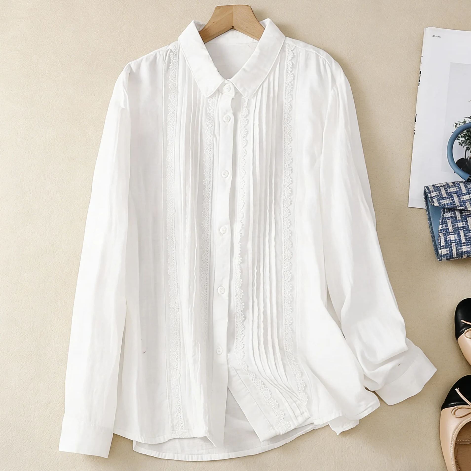🔥Spring Sale 50% OFF🔥 Cotton Linen Pin-Tuck Lace Trim Shirt