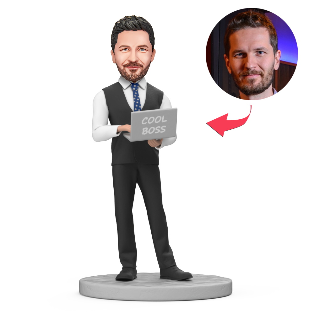 Male Boss Holding Computer Custom Bobblehead With Engraved Text Gift For Boss's Day