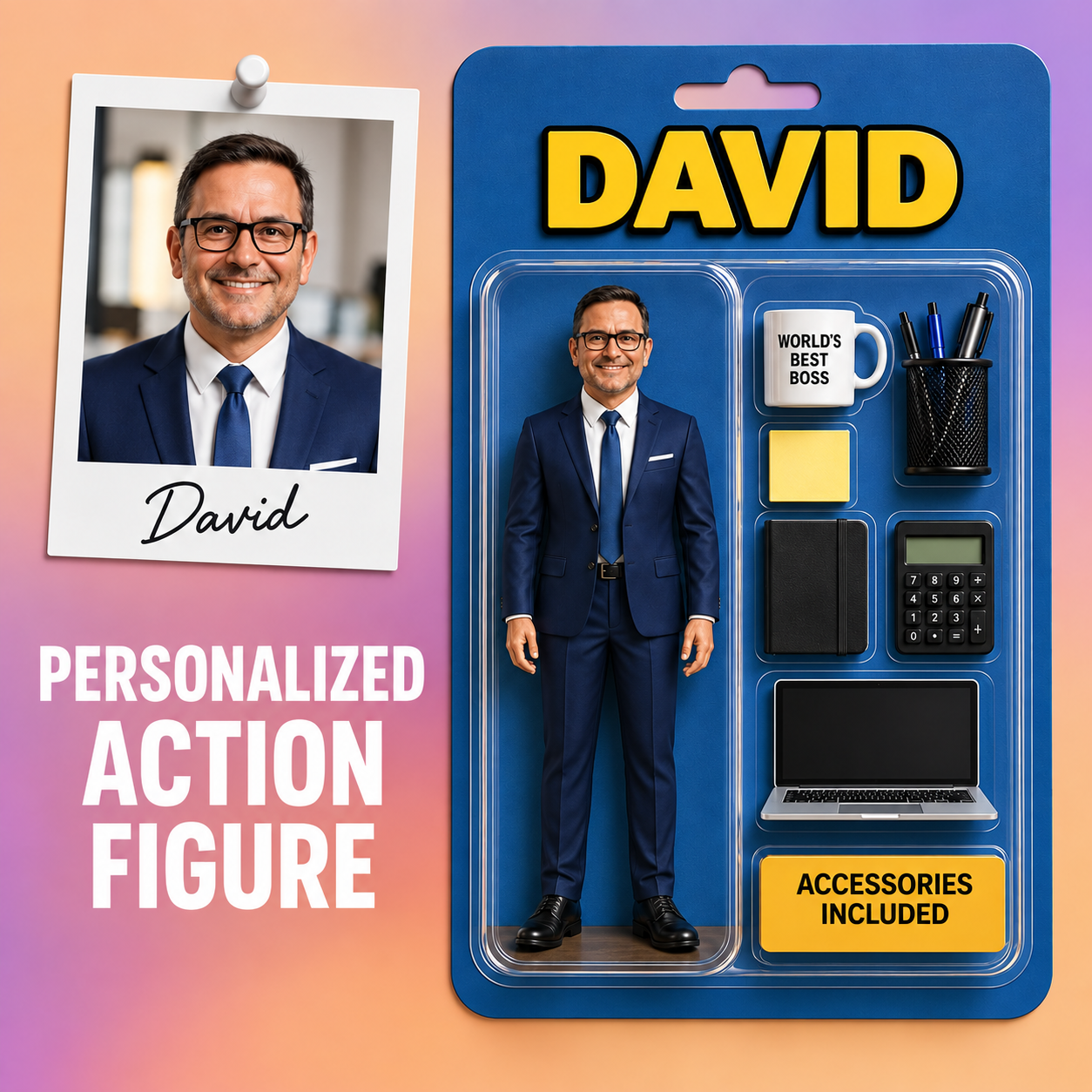Custom 2D Action Figure Pack from Photo Personalized Toy Box Style Portrait Personalized Acrylic Car Hanger Gift Unique Boss’s Day Gift for Boss