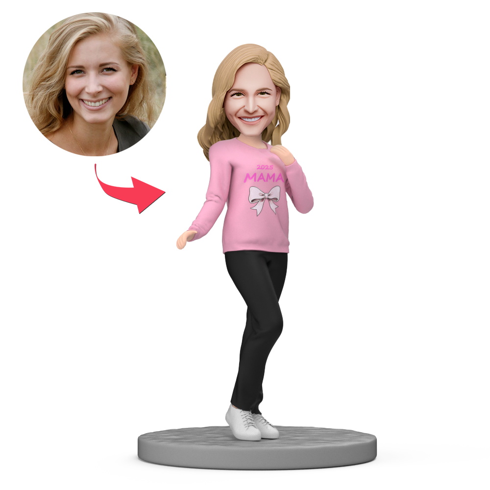 Mother's Day Gift Mom Wear Pink Bow Clothes Custom Bobblehead with Engraved Text