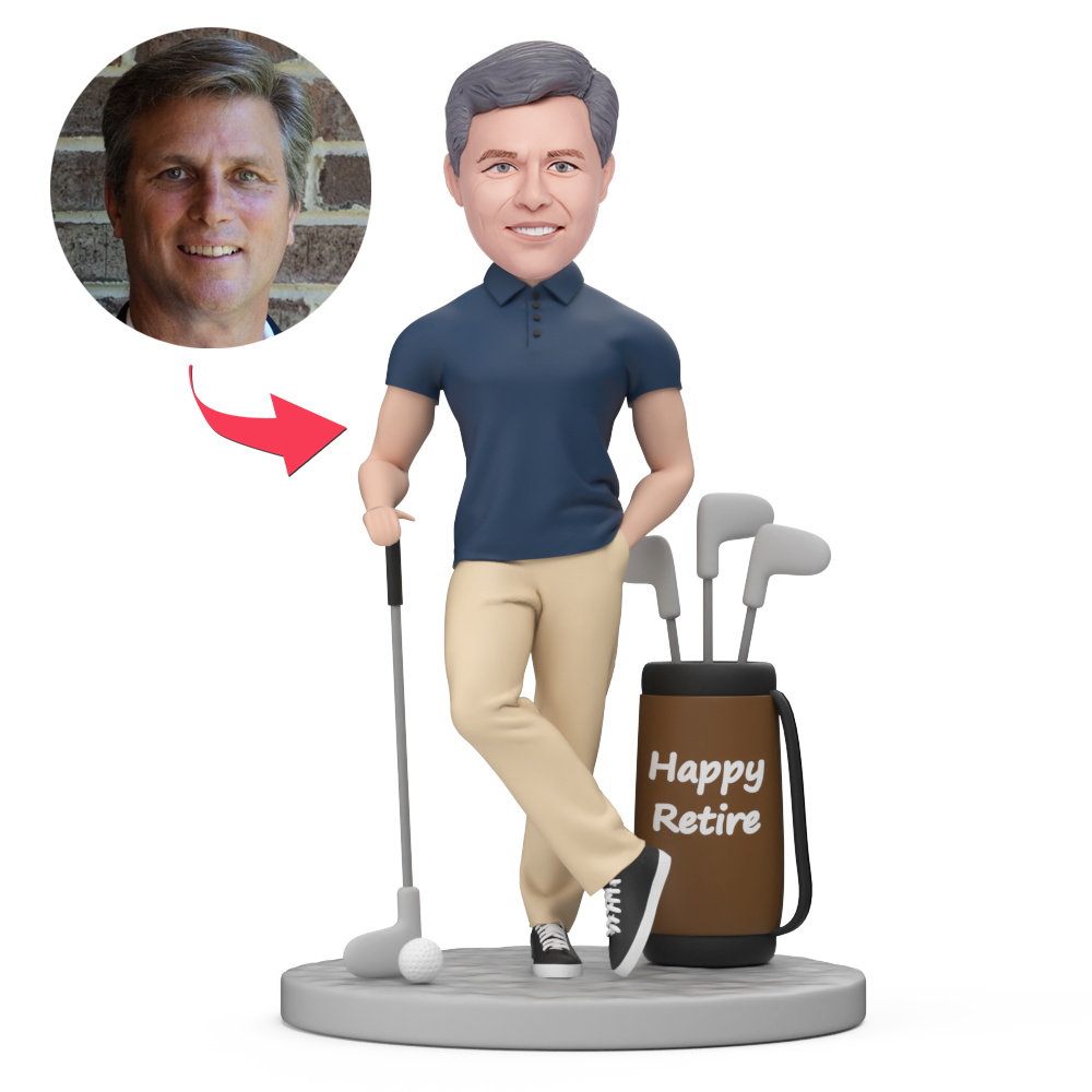 Retired Man Play Golf Custom Bobblehead with Engraved Text Gift for Retire