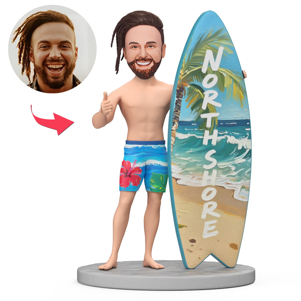 Man Surf in Hawaiian Northshore Custom Bobblehead with Engraved Text