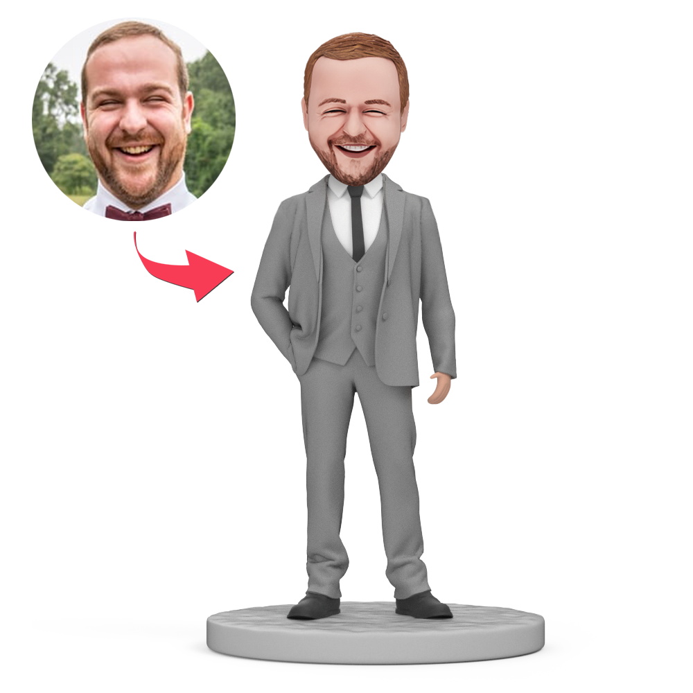 Male Boss Gray Suit Custom Bobblehead with Engraved Text