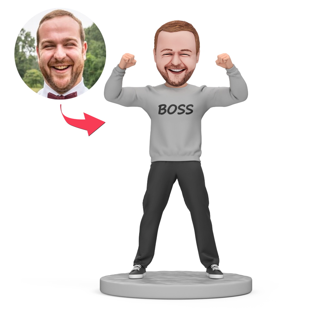 Strong Male Boss Wear Gray Clothes Custom Bobblehead with Engraved Text