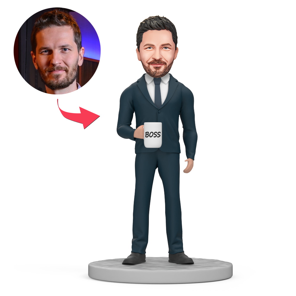 Business Boss Wear Black Suit Hold Cup Custom Bobblehead with Engraved Text