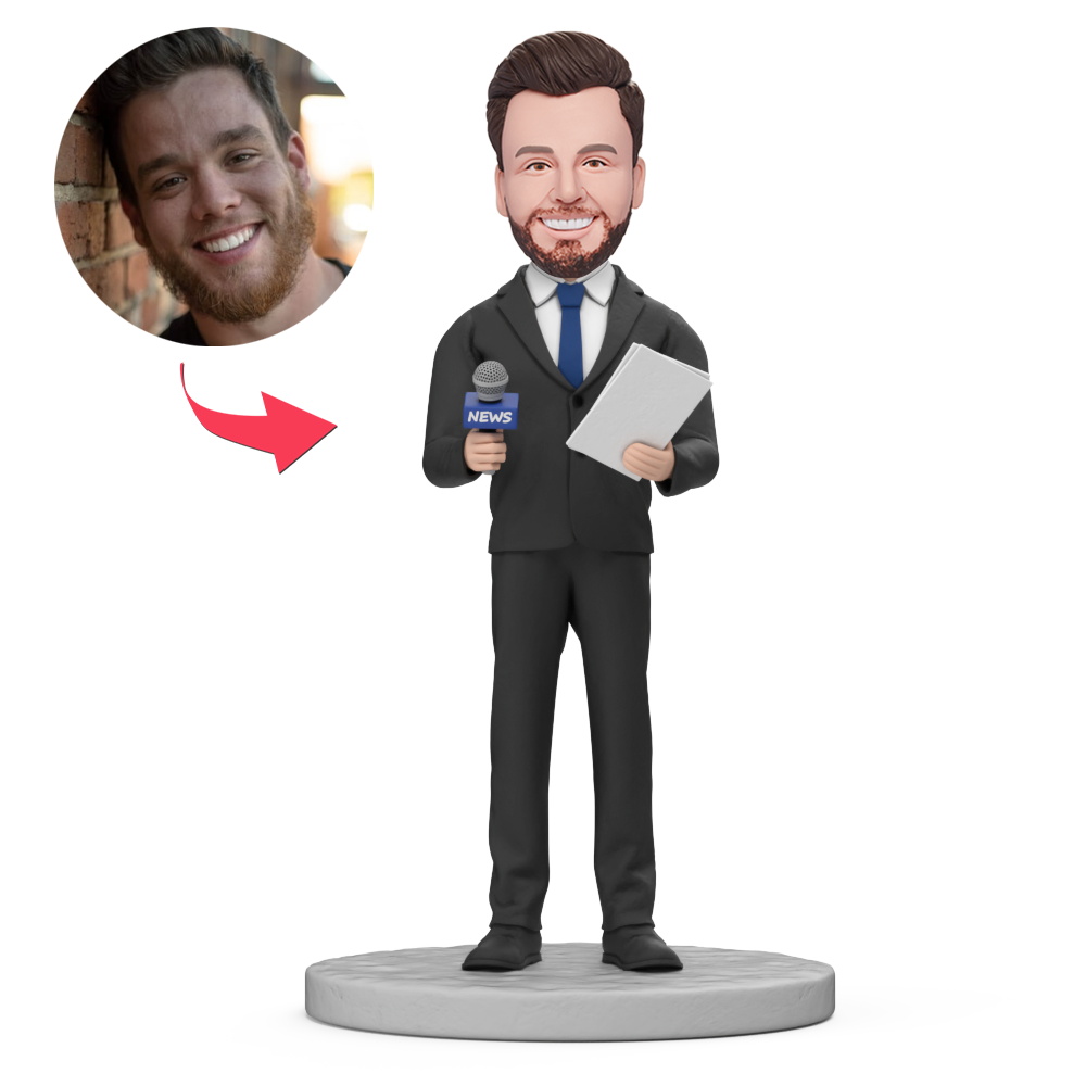 Male News Reporter Holding Microphone Custom Bobblehead With Engraved Text Gift